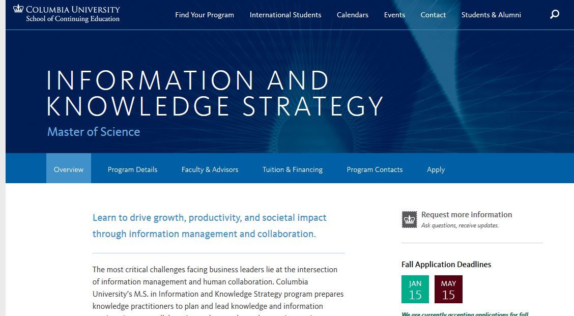 Columbia University, Master of Science Information and Knowledge Strategy