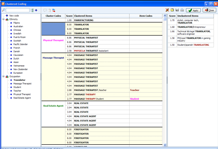 Unique computer assistance for coding with more than seven text search tools (this one is the cluster extracting and coding tool)