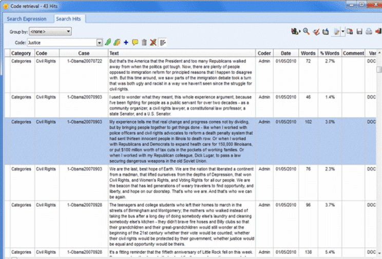 Coding retrieval tool for extracting coded segments associated with specific codes or code patterns and identifying coding co-occurrences, coding sequences and assess relationships between codings and numerical or categorical properties.