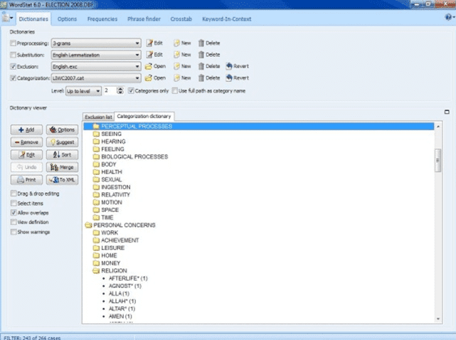 Use existing or create your own hierarchical content analysis dictionaries or taxonomies composed of words, word patterns, phrases as well as proximity rules (such as NEAR, AFTER, BEFORE) for achieving precise measurement of concepts.