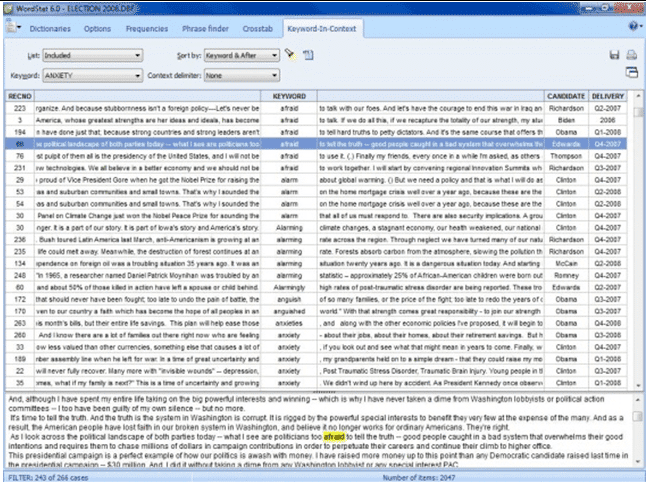 One click access to keyword-in-context and keyword retrieval tools for easy identification and coding of relevant text segments, validation of dictionaries, word-sense disambiguation or for drilling down to the source documents.